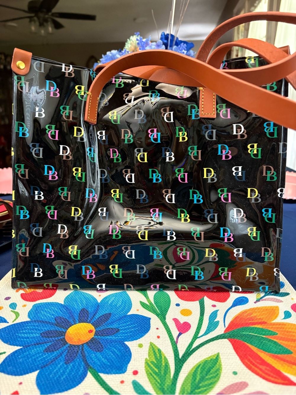 Dooney & Bourke Black Patent Tote with Multicolor DB Logo and Tan Handles - Picture 2 of 7